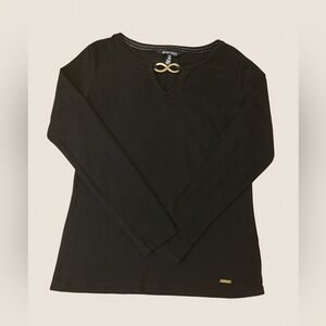 Ellen Tracy Black Knit Top Gold Accent Long Sleeve Pullover Blouse Size Medium